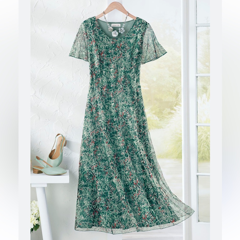 Coldwater Creek Meadow Charm Mesh Dress / Teal Floral Midi Dress